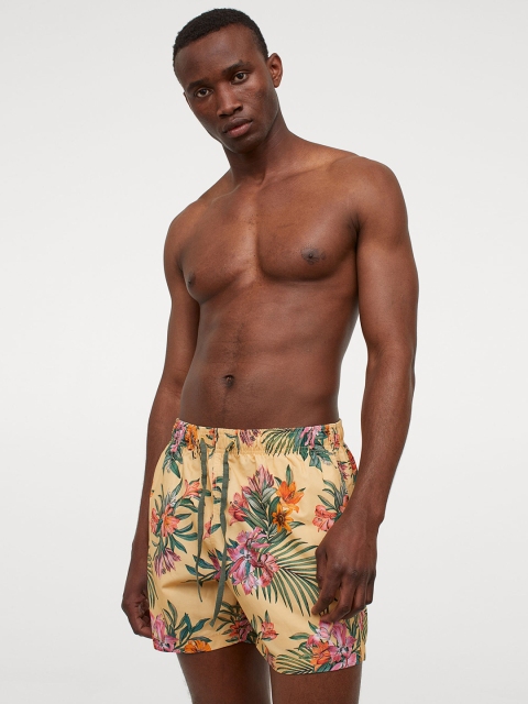 H&M Men Yellow Patterned Swim Shorts