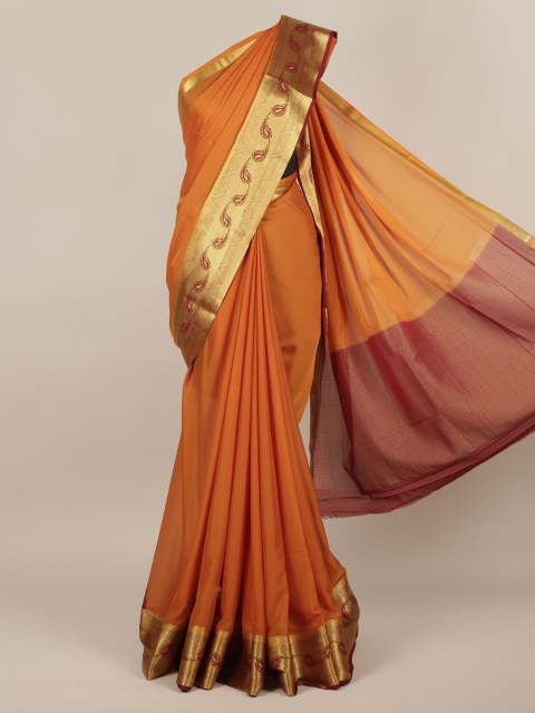 Pothys Orange Solid Poly Chiffon Saree