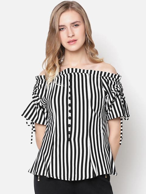 V2 Value & Variety Black & White Striped Off-Shoulder Bardot Top