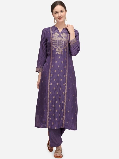 Seerat Women Purple & Gold-Toned Woven Design Kurta with Trousers
