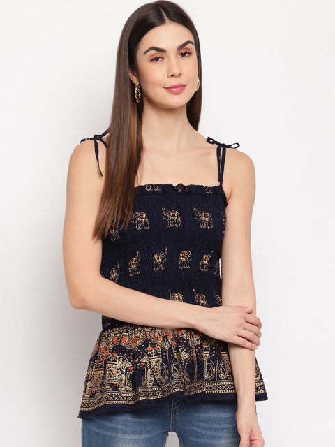 Aawari Navy Blue & Beige A-Line Smocking Top