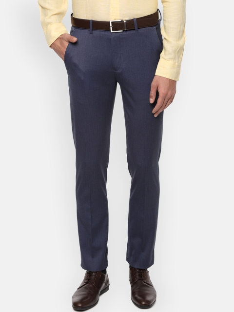 Louis Philippe Men Navy Blue Self Design Slim Fit Formal Trousers