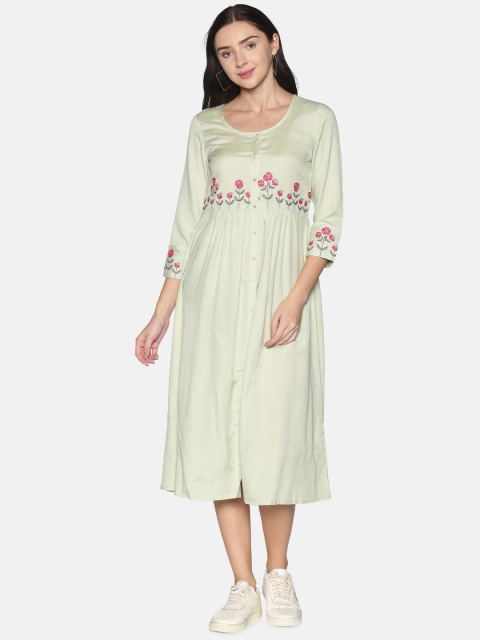 Saffron Threads Women Green Embroidered Fit and Flare Dress