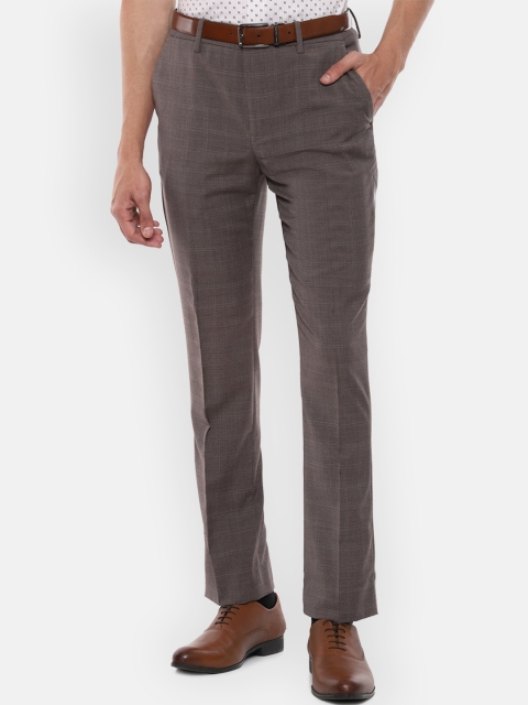 Louis Philippe Men Brown & Grey Checked Slim Fit Formal Trousers