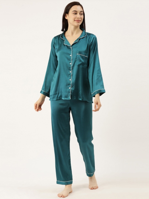 Bannos Swagger Women Teal Green Solid Night suit