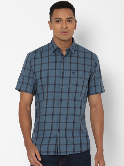 Allen Solly Men Teal Blue & Black Slim Fit Checked Cotton Casual Shirt
