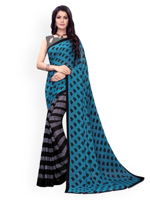 KALINI Turquoise Blue & Black Pure Georgette Printed Saree