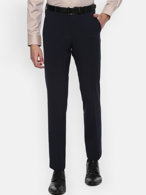 Louis Philippe Men Navy Blue & White Slim Fit Striped Formal Trousers