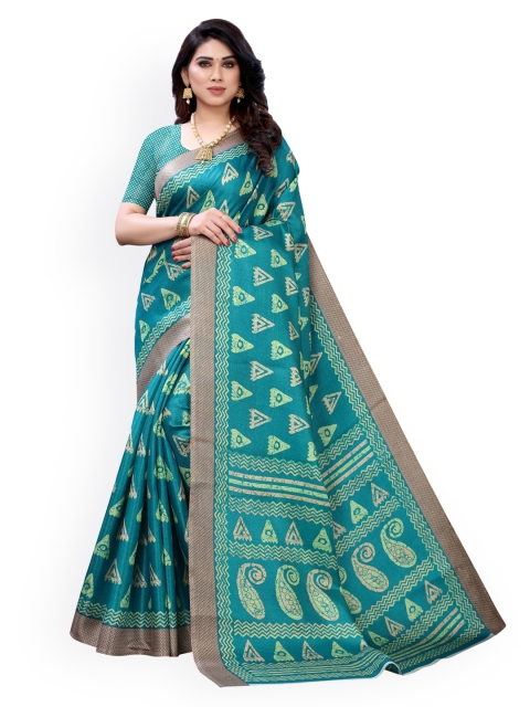 KALINI Sea Green & Off-White Silk Blend Printed Khadi Saree