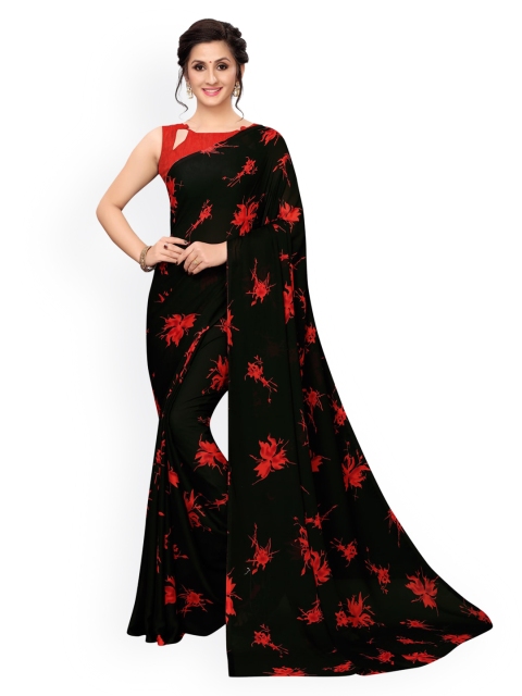 KALINI Black Floral Printed Pure Georgette Saree