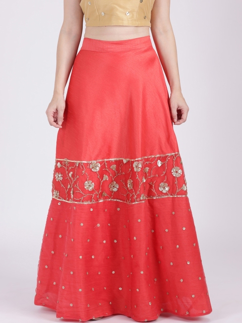 studio rasa Women Coral-Coloured & Gold-Coloured Embellished Flared Maxi Skirt