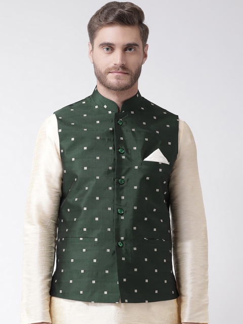 DEYANN Men Green & White Woven Design Jacquard Silk Nehru Jacket