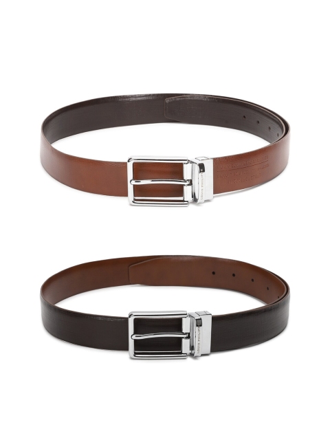 Louis Philippe Men Set of 2 Brown & Black Reversible Textured Belts