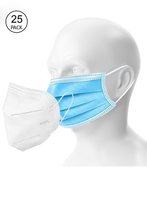 OOMPH Unisex Blue & White Double Mask Set Of 25 Disposable & 6 Reusable KN95/N95 Masks