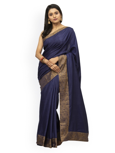 KALINI Navy Blue Solid Kanjeevaram Saree