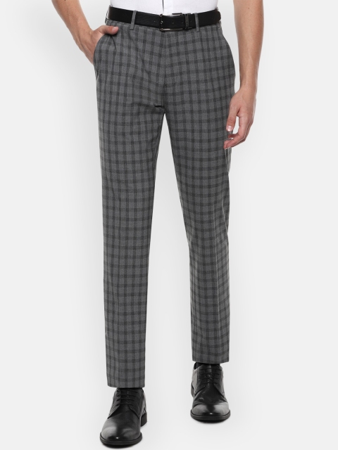 Louis Philippe Men Grey & Black Slim Fit Checked Formal Trousers