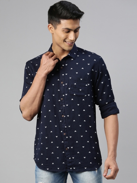 William White Men Navy Blue Slim Fit Printed Casual Shirt