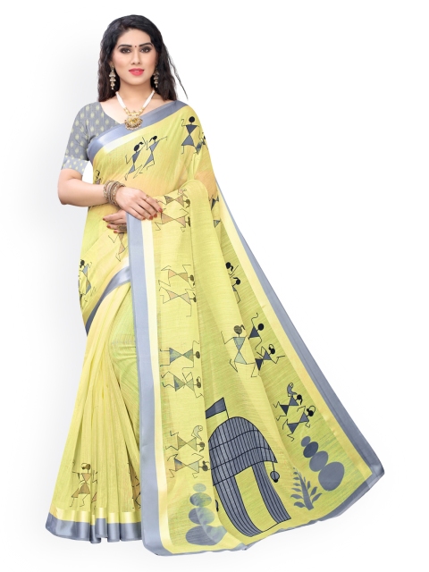 KALINI Yellow Printed Cotton Blend Saree