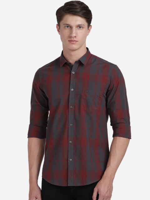 Crocodile Men Brick Red & Grey Slim Fit Checked Pure Cotton Casual Shirt