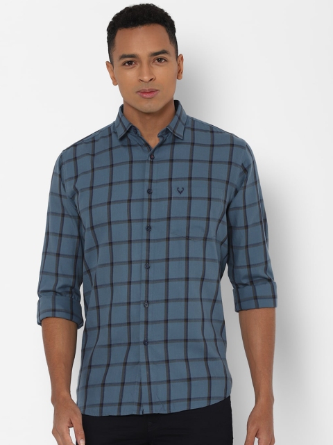 Allen Solly Men Teal Blue & Black Slim Fit Checked Cotton Casual Shirt