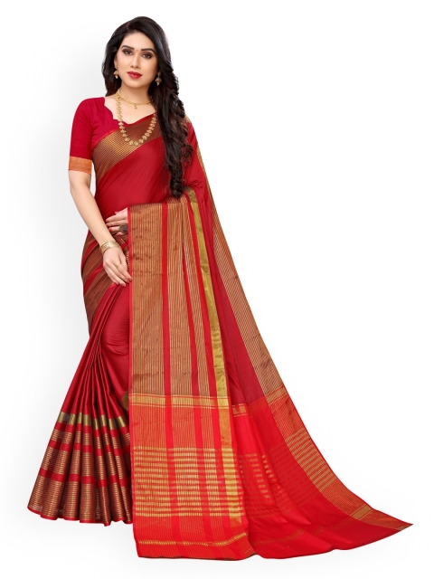 KALINI Red & Gold-Toned Poly Silk Solid Kanjeevaram Saree