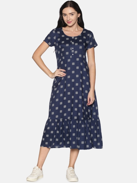 Saffron Threads Women Navy Blue IKAT Printed A-Line Dress