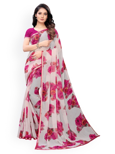 KALINI Off-White & Pink Pure Chiffon Printed Saree