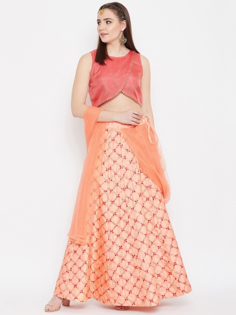 studio rasa Coral Pink & Peach Solid Ready to Wear Lehenga & Blouse with Dupatta