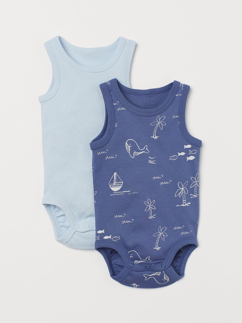 H&M Boys Blue Printed 2-Pack Sleeveless Bodysuits