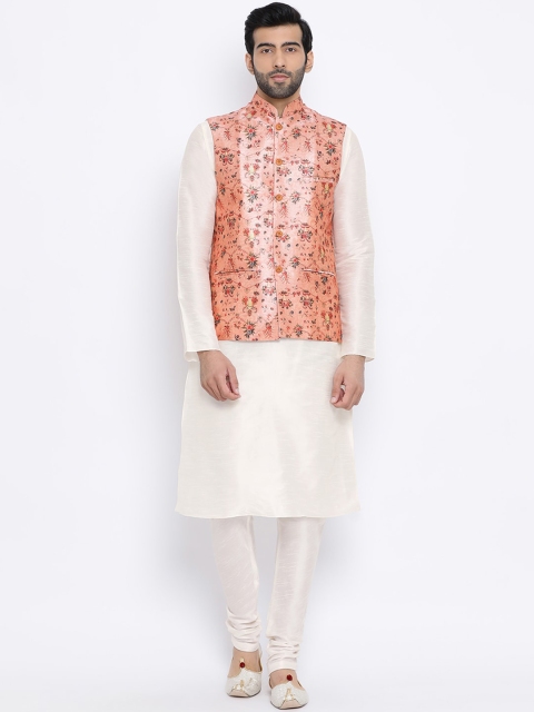 NAMASKAR Men Off-White Solid Kurta with Churidar & Nehru Jacket