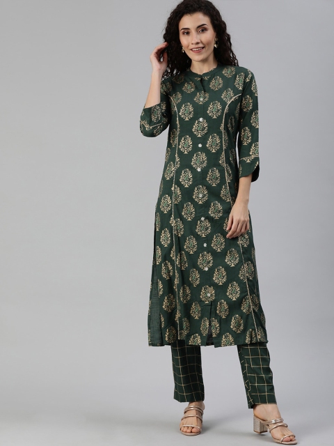 Ishin Women Green Printed Kurta with Trousers