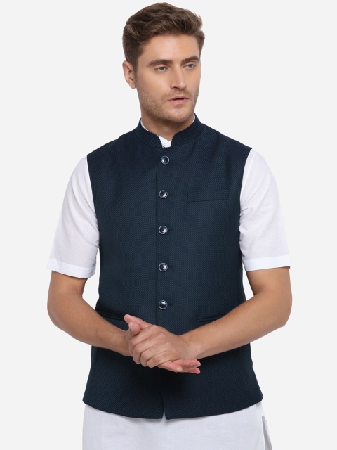 MODI JACKET Men Teal Blue Woven Design Nehru Jacket