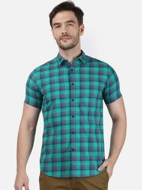 Monte Carlo Men Green & Blue Slim Fit Checked Cotton Casual Shirt