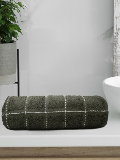 Trident Unisex Olive Green & White Checked 450 GSM Bath Towel