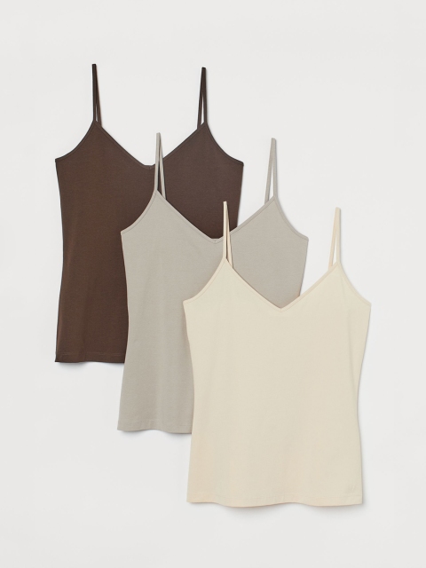 H&M Women 3 Pack V Neck Strappy Tops, Cream