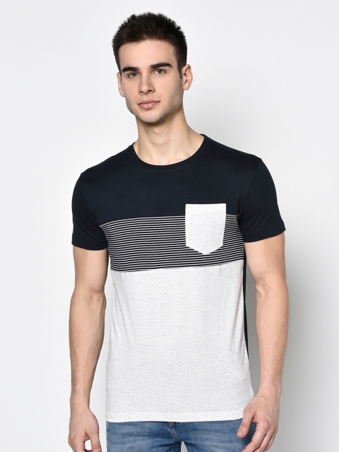 Octave Men Navy Blue & White Printed & Striped Round Neck T-shirt