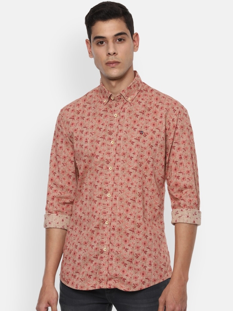 Louis Philippe Jeans Men Beige & Pink Slim Fit Printed Casual Shirt