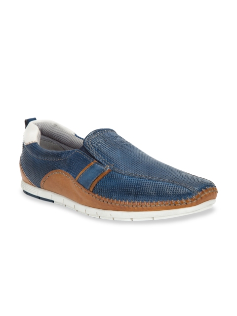 Bugatti Men Blue & Brown Colourblocked Leather Slip-On Sneakers