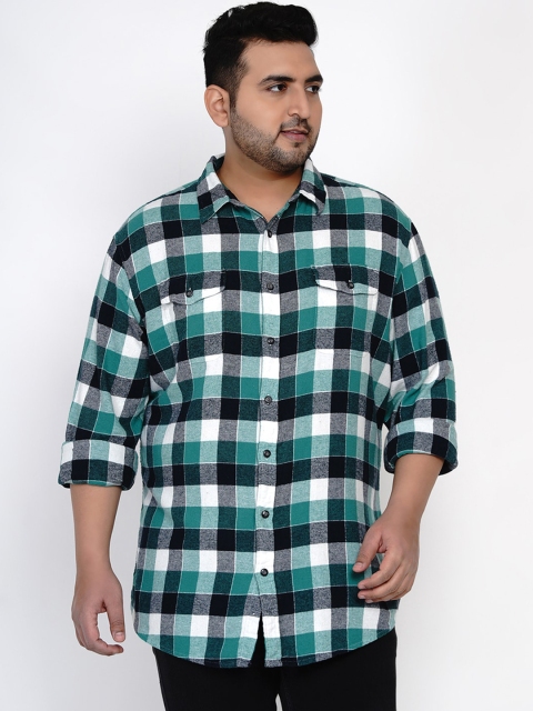 Santonio Men Green & White Pure Cotton Regular Fit Checked Casual Shirt