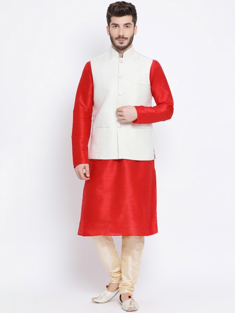 NAMASKAR Men Red & Cream-Coloured Solid Kurta with Churidar & Nehru Jacket