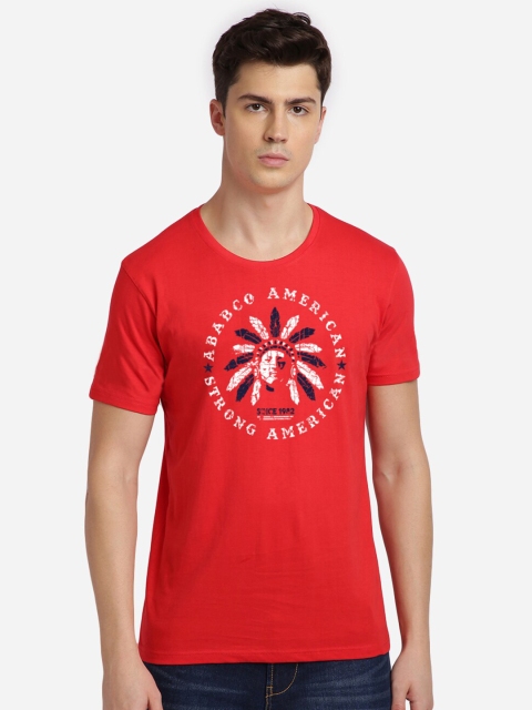 MASH UNLIMITED Men Red & White Graphic Slim-Fit Cotton Round Neck T-shirt