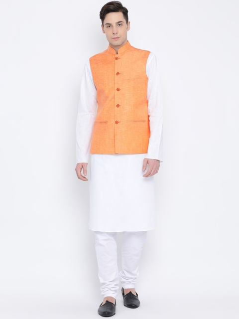 NAMASKAR Men White & Orange Solid Kurta with Churidar & Nehru Jacket
