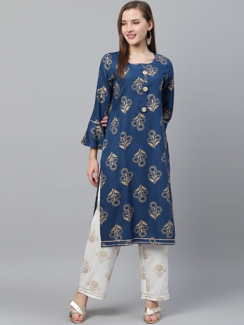 Ishin Women Teal & White Printed Kurta with Palazzos