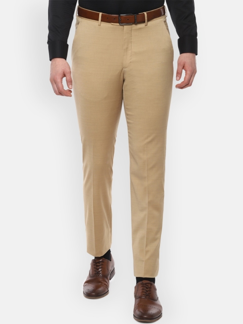 Luxure by Louis Philippe Men Beige Slim Fit Solid Formal Trousers