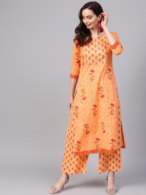 Ishin Women Orange Printed Kurta with Palazzos