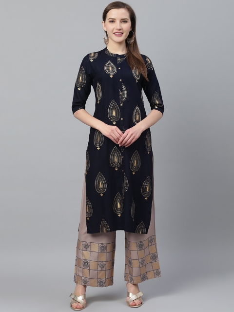 Ishin Women Navy Blue & Grey Printed Kurta with Palazzos