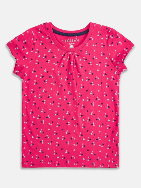 Pantaloons Junior Girls Fuchsia Pink & Navy Blue Printed Round Neck T-shirt