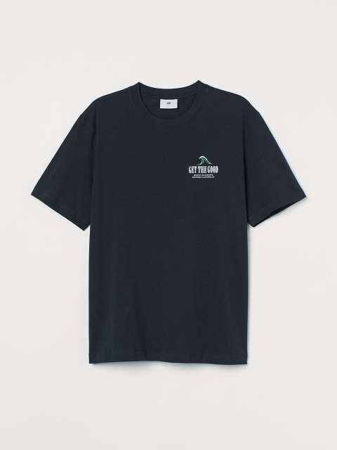 HM Men Black White Printed Pure Cotton T-shirt