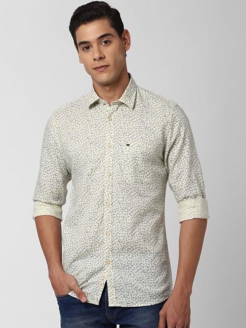 Peter England Casuals Men Cream-Coloured & Blue Floral Printed Cotton Linen Shirt