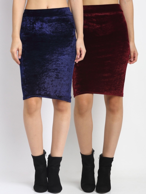 NEUDIS Women Pack Of 2 Velvet Solid Pencil Skirt, Maroon